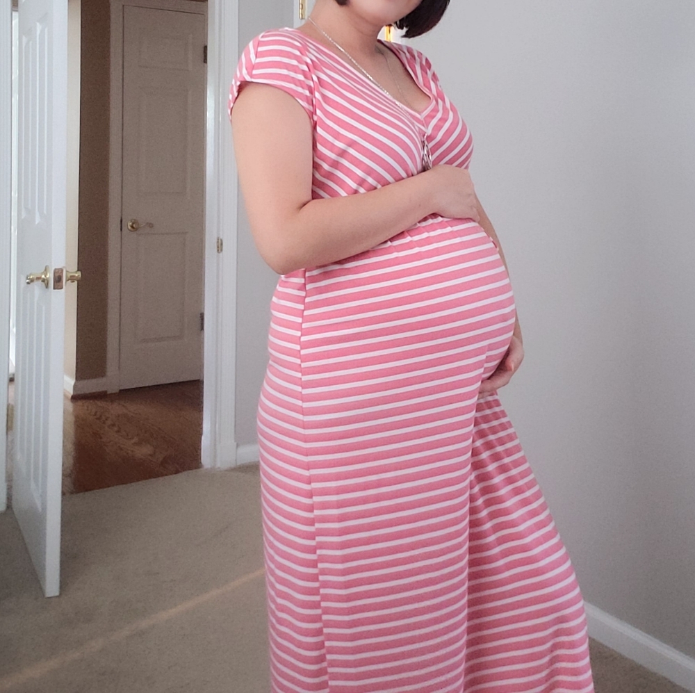 EUC Motherhood Maternity Coral and White Striped V-neck Maxi Dress Size M